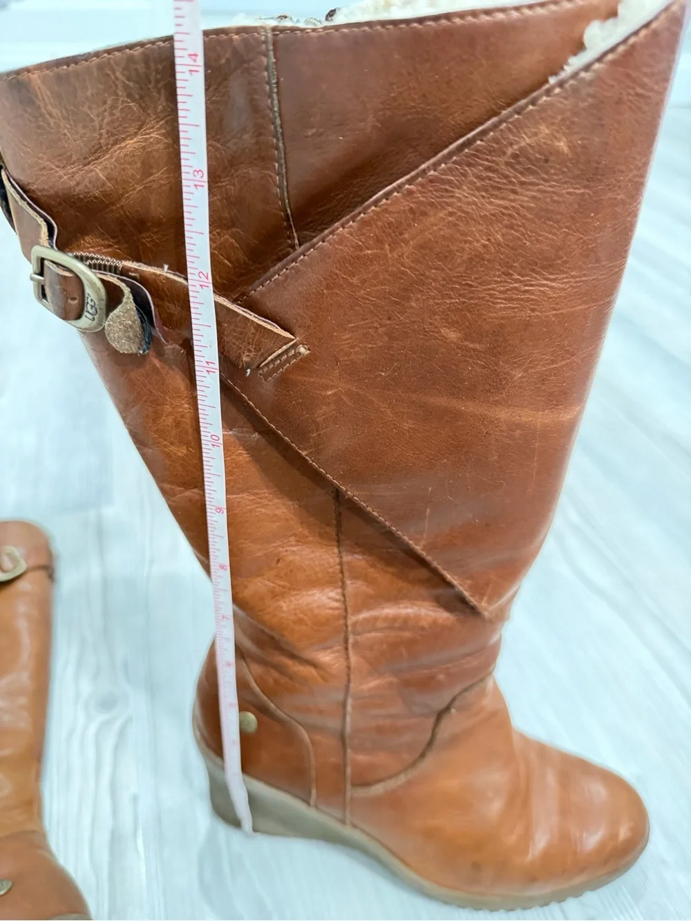 UGG Leather Tall Wedge Women’s Boots. Sherpa lined. Cognac Brown. Size 7. Used